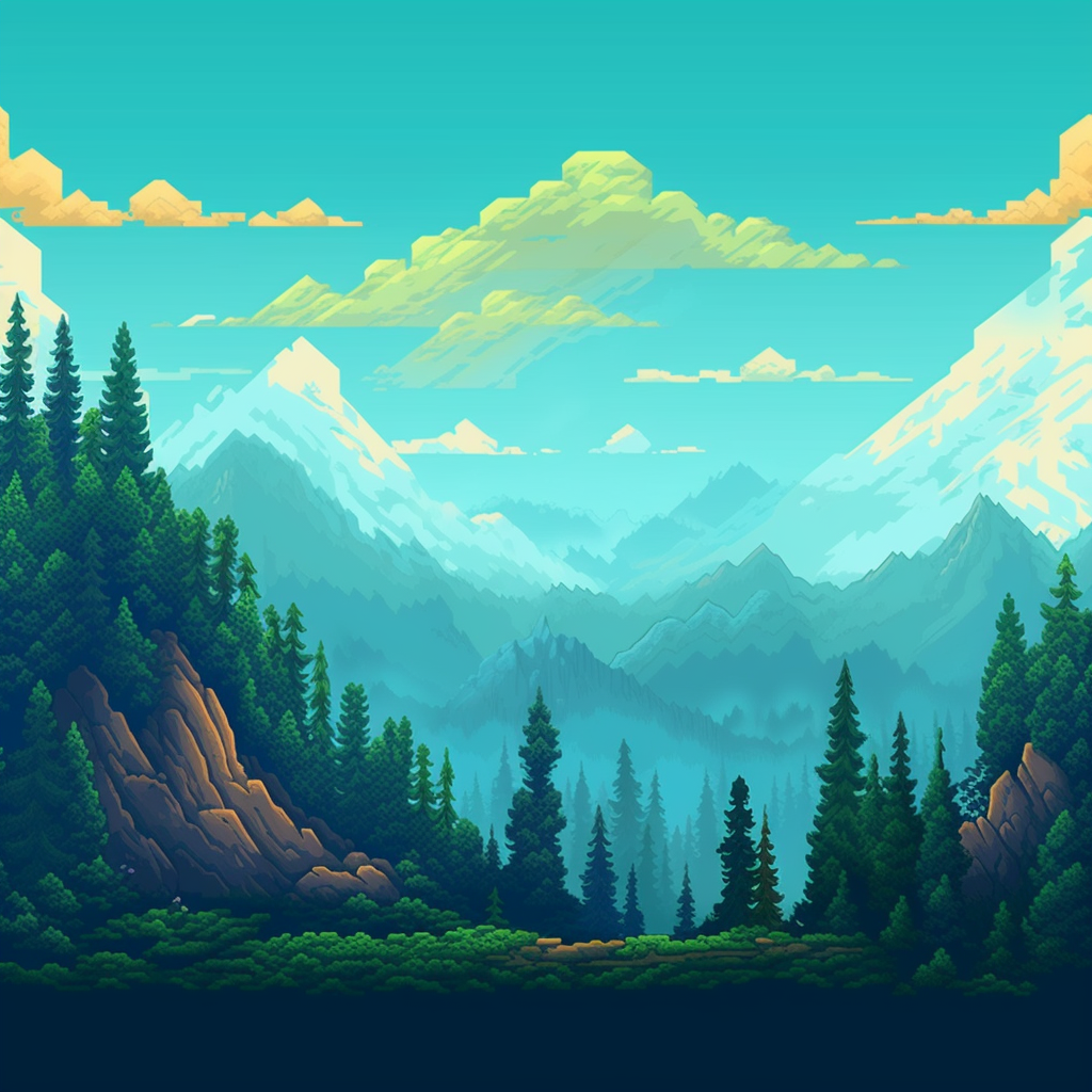 mountains and trees in pixel art